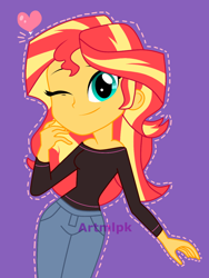 Size: 1800x2400 | Tagged: safe, artist:artmlpk, sunset shimmer, equestria girls, adorable face, adorkable, beautiful, clothes, cute, digital art, dork, heart, jeans, looking at you, one eye closed, pants, shimmerbetes, simple background, smiling, smiling at you, solo, vector, watermark, wink