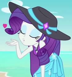 Size: 897x958 | Tagged: safe, rarity, better together, equestria girls, adorasexy, blowing a kiss, clothes, cropped, cute, eyes closed, hat, raribetes, sarong, sexy, solo, sun hat, swimsuit