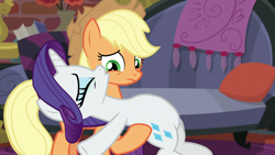 Size: 1920x1080 | Tagged: safe, screencap, applejack, rarity, earth pony, pony, unicorn, made in manehattan, applejack's damaged hat, applejack's hat, coco's apartment, cowboy hat, duo, female, hat, mare, marshmelodrama