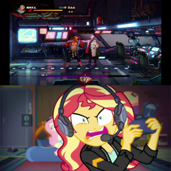 Size: 1280x1280 | Tagged: safe, edit, edited screencap, screencap, fluttershy, sunset shimmer, better together, equestria girls, game stream, angry, axel stone, gamer sunset, meme, mr. y, streets of rage, streets of rage 4, video game