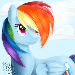 Size: 1000x1000 | Tagged: safe, artist:emptyfaze, derpibooru import, rainbow dash, pegasus, pony, cloud, cutie mark, female, hair over one eye, mare, solo