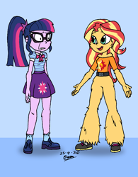 Size: 1323x1700 | Tagged: safe, artist:tmntsam, sci-twi, sunset shimmer, twilight sparkle, human, equestria girls, alternate universe, belt, bottomless, casual nudity, clothes, featureless crotch, female, fur, furry human, hairy legs, nudity, partial nudity, ponytail, strategically covered, wide eyes