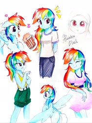 Size: 2218x2957 | Tagged: safe, artist:liaaqila, derpibooru import, rainbow dash, pegasus, pony, equestria girls, alternate hairstyle, alternate universe, apple cider, belt, cider, clothes, dress, eyes closed, eyes on the prize, female, hijab, human ponidox, irony, jeans, mare, mug, open mouth, pants, ponytail, self paradox, self ponidox, shirt, shorts, simple background, smiling, spread wings, t-shirt, tanktop, tongue out, traditional art, white background, wings