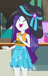 Size: 381x608 | Tagged: safe, screencap, rarity, better together, equestria girls, the salty sails, clothes, cropped, eyes closed, hat, laughing, lifejacket, sarong, solo, sun hat, swimsuit, wet, wet hair