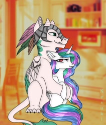 Size: 1386x1645 | Tagged: artist needed, safe, princess celestia, oc, oc:arculascrain, alicorn, pony, canon x oc, celescrain, female, male, straight