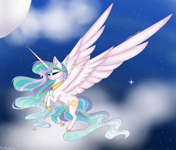 Size: 1024x871 | Tagged: safe, artist:kimkibi, princess celestia, alicorn, pony, eyes closed, night, solo, spread wings, wings