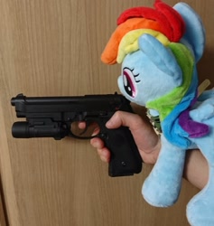 Size: 1939x2048 | Tagged: safe, artist:omegapony16, derpibooru import, rainbow dash, pegasus, pony, airsoft, female, gun, hand, handgun, irl, mare, neckerchief, photo, pistol, plushie, toy, weapon