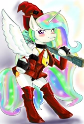 Size: 1446x2139 | Tagged: safe, artist:汚自慰, princess celestia, alicorn, pony, bad guitar anatomy, boots, clothes, collar, guilty gear, guitar, i-no, looking at you, one eye closed, shoes, simple background, solo, voice actor joke