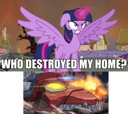 Size: 1280x1147 | Tagged: safe, derpibooru import, twilight sparkle, twilight sparkle (alicorn), alicorn, pony, twilight's kingdom, colossatron, exploitable meme, golden oaks library, meme, this will end in tears and/or death and/or covered in tree sap, who destroyed twilight's home