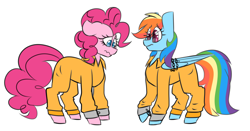 Size: 4500x2352 | Tagged: safe, artist:crazysketch101, derpibooru import, pinkie pie, rainbow dash, earth pony, pegasus, pony, clothes, cuffs, female, lesbian, pinkiedash, prison outfit, prisoner pp, prisoner rd, shipping