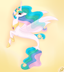 Size: 1150x1300 | Tagged: safe, artist:liniitadash23, princess celestia, seapony (g4), my little pony: the movie, female, fin wings, looking at you, sealestia, seaponified, seapony celestia, simple background, smiling, solo, species swap, wings, yellow background