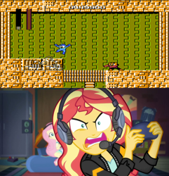 Size: 1280x1330 | Tagged: safe, artist:yuseifan4life, edit, edited screencap, screencap, fluttershy, sunset shimmer, better together, equestria girls, game stream, elec man, game, megaman, rage, sunset shimmer frustrated at game