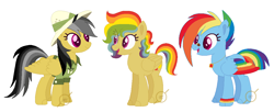 Size: 1083x441 | Tagged: safe, artist:g0ldentoothpick, derpibooru import, daring do, rainbow dash, oc, oc:flock together, pegasus, pony, daringdash, family, female, lesbian, magical lesbian spawn, mare, offspring, parent:daring do, parent:rainbow dash, parents:daringdash, shipping, simple background, white background