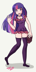 Size: 475x959 | Tagged: safe, artist:ratayta, twilight sparkle, human, breasts, cleavage, clothes, cute, cutie mark accessory, humanized, jewelry, necklace, simple background, skirt, socks, thigh highs, white background, zettai ryouiki