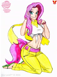 Size: 2032x2730 | Tagged: safe, artist:roylandoficial, fluttershy, human, belly button, front knot midriff, humanized, midriff, sandals, solo