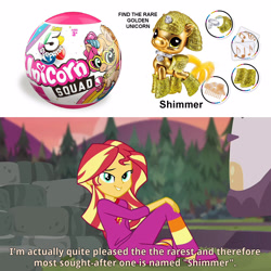 Size: 1600x1600 | Tagged: safe, edit, edited screencap, screencap, sunset shimmer, unicorn, better together, choose your own ending, equestria girls, wake up!, wake up!: applejack, clothes, fire pit, grass, looking at you, outdoors, pajamas, photo, sitting, slippers, smiling, smiling at you, text, toy, zuru 5 surprise