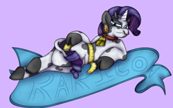 Size: 1600x1000 | Tagged: safe, artist:pavlovzdawg, rarity, cow, cow pony, unicorn, bell, cowbell, cowified, ear tag, female, looking at you, mare, measuring tape, raricow, solo, species swap, transformation, udder