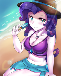 Size: 800x985 | Tagged: safe, artist:tzc, part of a set, rarity, human, better together, equestria girls, adorasexy, beautiful, belly button, breasts, cleavage, clothes, cute, female, food, geode of shielding, hat, looking at you, popsicle, raribetes, raritits, sexy, solo, sun hat, swimsuit