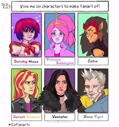 Size: 1936x2048 | Tagged: safe, artist:redfir6, sunset shimmer, human, adventure time, beard, borderlands, bust, catra, choker, clothes, crossover, dorothy haze, facial hair, female, frown, humanized, male, moustache, princess bubblegum, she-ra and the princesses of power, six fanarts, va-11 hall-a: cyberpunk bartender action, witcher, yennefer of vengerberg, zane flynt