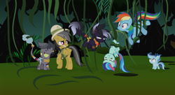 Size: 4249x2318 | Tagged: safe, artist:velveagicsentryyt, derpibooru import, daring do, rainbow dash, oc, oc:crystalis do, oc:kinglis, oc:prisdale, oc:rainbow blitzes, hybrid, pegasus, pony, base used, colt, female, filly, high res, interspecies offspring, male, offspring, parent:ahuizotl, parent:daring do, parent:rainbow dash, parent:soarin', parents:darizotl, parents:soarindash, upside down, vine