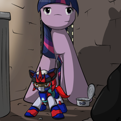 Size: 1024x1024 | Tagged: safe, artist:chaikeon, derpibooru import, twilight sparkle, alley, chibi, custom robo, mecha, night, ray 01