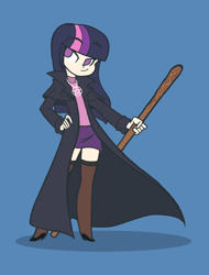 Size: 532x700 | Tagged: safe, artist:khuzang, derpibooru import, twilight sparkle, human, clothes, coat, dresden files, fanfic art, humanized, jewelry, necklace, pentagram, skirt, solo, staff