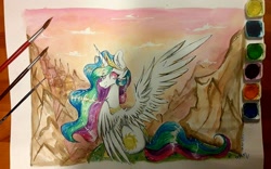 Size: 1803x1127 | Tagged: safe, artist:woonborg, princess celestia, alicorn, pony, cheek fluff, chest fluff, cloud, ear fluff, fluffy, jewelry, looking at you, mountain, outdoors, paintbrush, regalia, signature, sitting, sky, smiling, solo, spread wings, traditional art, watercolor painting, wings