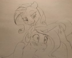 Size: 3701x3013 | Tagged: safe, artist:sinfoe, princess celestia, rarity, alicorn, pony, unicorn, blushing, ear licking, female, lesbian, licking, mare, monochrome, rarilestia, shipping, simple background, sketch, smiling, tongue out, traditional art