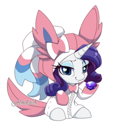 Size: 790x873 | Tagged: safe, artist:extra-fenix, rarity, pony, unicorn, clothes, costume, crossover, gem, heart eyes, hoodie, kigurumi, pokémon, simple background, solo, sylveon, transparent background, wingding eyes, ych example, your character here