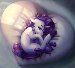 Size: 1024x927 | Tagged: safe, artist:csox, rarity, pony, unicorn, curled up, cute, female, heart, mare, meme, one eye closed, pillow, rariball, raribetes, smiling, solo