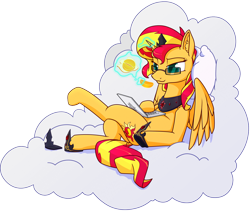 Size: 1600x1348 | Tagged: safe, artist:dacaoo, sunset shimmer, alicorn, pony, alicornified, cloud, computer, crossed legs, ear fluff, female, food, glasses, hoof shoes, jewelry, laptop computer, lidded eyes, orange, peytral, race swap, regalia, shimmercorn, shoes removed, simple background, smiling, solo, spread wings, transparent background, wings