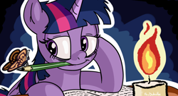 Size: 1000x543 | Tagged: safe, artist:foudubulbe, derpibooru import, twilight sparkle, twilight sparkle (alicorn), alicorn, butterfly, pony, candle, female, mare, mouth hold, pencil, solo, tired