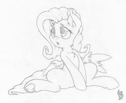 Size: 1500x1221 | Tagged: safe, artist:dfectivedvice, fluttershy, pegasus, pony, chest fluff, cute, grayscale, looking away, monochrome, open mouth, shyabetes, simple background, sitting, solo, spread legs, spread wings, spreading, traditional art, underhoof, white background