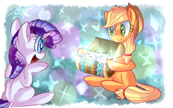 Size: 1280x800 | Tagged: safe, artist:tamoqu, applejack, rarity, earth pony, pony, unicorn, diamond, duo, gem, style emulation, treasure chest, whitediamonds-ish