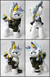 Size: 1024x1572 | Tagged: safe, artist:gingerale2016, rarity, pony, unicorn, alternate hairstyle, chains, clothes, ear piercing, irl, jacket, leather jacket, lidded eyes, nose piercing, photo, piercing, plushie, punk, raripunk, solo, spiked wristband, wristband
