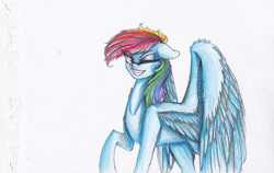 Size: 1426x899 | Tagged: safe, artist:penrosa, derpibooru import, rainbow dash, pegasus, pony, badass, female, mare, raised hoof, simple background, smiling, solo, spread wings, white background, wings