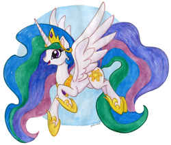 Size: 853x728 | Tagged: safe, artist:jenkiwi, princess celestia, alicorn, pony, crown, female, flying, jewelry, mare, open mouth, regalia, simple background, smiling, solo, traditional art, watercolor painting