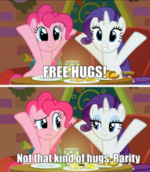 Size: 1366x1556 | Tagged: safe, edit, edited screencap, screencap, pinkie pie, rarity, earth pony, pony, unicorn, spice up your life, discovery family logo, screencap comic, the tasty treat