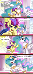 Size: 1000x2184 | Tagged: safe, artist:pridark, princess celestia, oc, oc:ebony crescent, bat pony, comic:new world, bat pony oc, comic, commission, cute, dialogue, female, filly, ocbetes, speech bubble