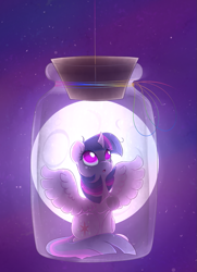 Size: 795x1100 | Tagged: safe, artist:catitty, derpibooru import, twilight sparkle, twilight sparkle (alicorn), alicorn, pony, bottle, female, mare, moon, pony in a bottle, rainbow thread, solo