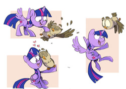 Size: 600x427 | Tagged: safe, artist:nukilik, derpibooru import, owlowiscious, twilight sparkle, twilight sparkle (alicorn), alicorn, pony, bellyrubs, cute, female, flying, heart, mare, nuzzling, pet