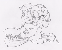 Size: 1000x815 | Tagged: safe, artist:dfectivedvice, applejack, rarity, earth pony, pony, unicorn, female, grayscale, holding, kiss mark, lesbian, monochrome, rarijack, shipping, traditional art