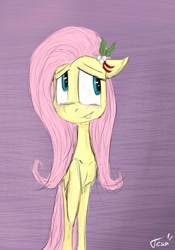 Size: 1162x1663 | Tagged: safe, artist:ratann, fluttershy, pegasus, pony, blushing, holly, holly mistaken for mistletoe, looking away, mistleholly, nervous grin, raised hoof, solo, standing