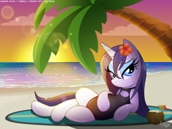Size: 1024x767 | Tagged: safe, artist:lennonblack, rarity, pony, unicorn, beach, beauty mark, chest fluff, clothes, coconut, coconut cup, female, flower, flower in hair, food, lidded eyes, mare, ocean, one-piece swimsuit, palm tree, solo, sunset, swimsuit, tree, wet mane
