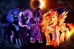 Size: 1280x854 | Tagged: safe, artist:yoonergetic, daybreaker, midnight sparkle, nightmare moon, nightmare rarity, princess celestia, princess luna, rarity, sunset shimmer, twilight sparkle, twilight sparkle (alicorn), alicorn, pony, unicorn, equestria girls, commission, daydream shimmer, eclipse, group