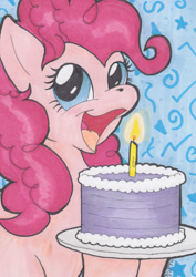 Size: 680x960 | Tagged: safe, artist:michael thompson, pinkie pie, earth pony, pony, cake, candle, female, food, mare, solo, traditional art