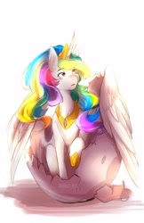 Size: 2587x3987 | Tagged: safe, artist:hakkids2, princess celestia, alicorn, pony, egg, female, mare, simple background, sitting, solo