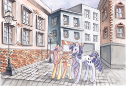 Size: 3489x2368 | Tagged: safe, artist:schizoidtomii, fluttershy, rarity, pegasus, pony, unicorn, architecture, blushing, female, flarity, lesbian, mare, shipping, street, traditional art