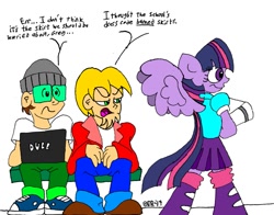 Size: 1009x792 | Tagged: safe, artist:dragonboi471, derpibooru import, twilight sparkle, twilight sparkle (alicorn), alicorn, human, equestria girls, clothes, computer, humanized, laptop computer, ponied up, skirt, winged humanization