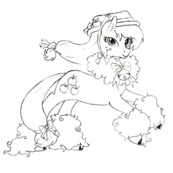 Size: 652x652 | Tagged: safe, artist:arkeindzel, applejack, earth pony, hybrid, pony, sheep, bell, bell collar, bow, cloven hooves, collar, hair bow, hat, monochrome, solo, tail bow, traditional art, unshorn fetlocks